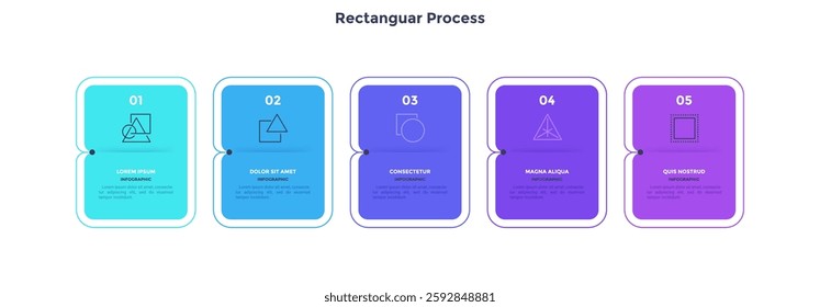 Five numbered rectangular frames placed in horizontal row. Concept of 5 stages of marketing strategy. Modern flat infographic design template. Simple vector illustration for business 