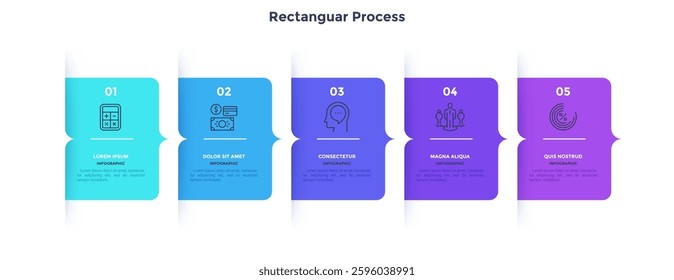 Five numbered rectangular frames placed in horizontal row. Concept of 5 stages of marketing strategy. Modern flat infographic design template. Simple vector illustration for business 