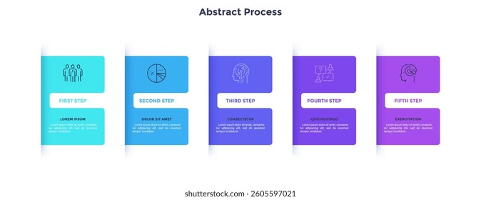 Five numbered rectangular frames placed in horizontal row. Concept of 5 stages of marketing strategy. Modern flat infographic design template. Simple vector illustration for business presentation.