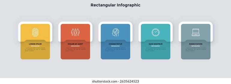Cinco quadros de papel retangulares numerados colocados em linha horizontal. Conceito de 5 fases da estratégia de comercialização. Modelo de design de infográfico plano moderno. Ilustração vetorial simples para negócios 