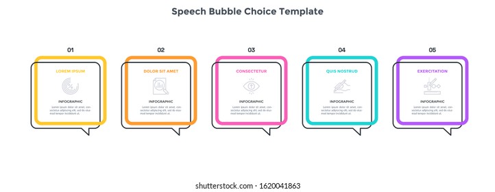 Five numbered rectangular speech bubbles placed in horizontal row. Concept of 5 business phrases or quotes. Flat infographic design template. Minimal vector illustration for presentation, banner.