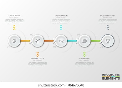 Five numbered round white elements with thin line icons inside arranged in horizontal row and connected by arrows. Concept of web diagram with drop down menu. Modern vector illustration for website.