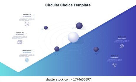 Five numbered spheres or balls placed on circular diagram. Concept of 5 features of business project. Minimal infographic design template. Modern isomeric vector illustration for presentation, report.