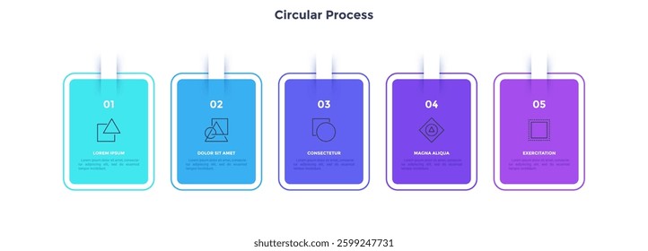 Five numbered square frames placed in horizontal row. Concept of 5 stages of marketing strategy. Modern flat infographic design template. Simple vector illustration for business presentation.