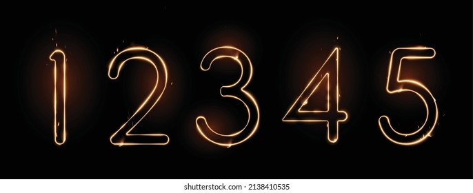 Five numbers drawn with a fiery line with sparks on a dark background.  Very realistic illustration.