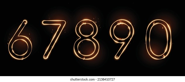 Five numbers drawn with a fiery line with sparks on a dark background.  Very realistic illustration.