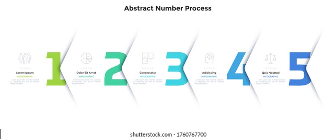 Five numbers or figures overlaid by paper white corners or arrows. Concept of 5 successive steps of business process. Minimal infographic design template. Modern vector illustration for progress bar.