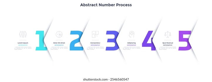 Cinco números o figuras superpuestas por esquinas o flechas blancas de papel. Concepto de 5 pasos sucesivos del proceso de negocio. Mínima Plantilla de diseño de infografía. Ilustración vectorial moderna para barra de progreso.