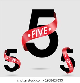 Five; numeral and word logo for number with red ribbon. Five letter with five figure logo designs with four alternatives. Number names typography design. Red ribbon belt numbers.