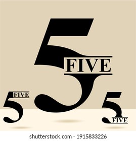 Five; numeral and word logo for number. Five letter with five figure logo design. Number names typography design. Serif font design.  Text logo studies for all numbers.