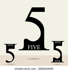 Five; numeral and word logo for number. Five letter with five figure logo design. Number names typography design. Serif font columnar letter design.  Text logo studies for all numbers.