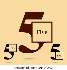 Cinco; numeral y logotipo de palabra para número. Cinco letras en caja con cinco figuras de diseño de logotipo. Diseño tipográfico de nombres numéricos. Diseño de fuentes serias.  Logotipo de texto y estudios numéricos de logotipo para todos los números.