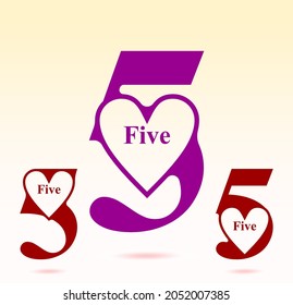 Five; numeral and word logo for number. Five letter with five figure inner heart shaped logo design. Number names typography design. Serif font design. Text logo studies for all numbers.