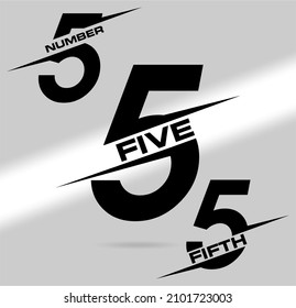 Cinco; numeral y logotipo de palabra para número. Cinco letras con diseño de logotipo de cinco figuras. Tipografía de número y nombre.  Estudios de logotipo de texto para todos los números. Logotipo vectorial con temática de velocidad y flash.