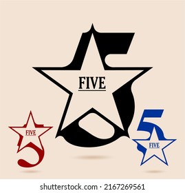 Five; Numeral And Word Logo For Number. Five With Star Shaped Logo Design. Number Names Typography Design. Serif Font Design.  Text Logo Studies For All Numbers.