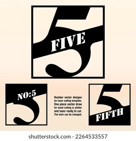 Five; numeral word logo for number. Five letter in square box and stencil name. One piece vector draw ready for cut or laser cutting. Text serif font logo and numeral logo studies for all numbers.