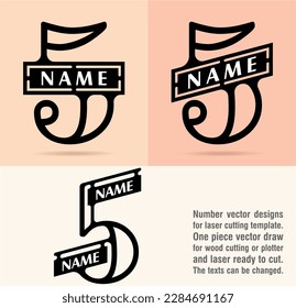 Five; numeral and word logo for number. Stencil one number and writing area. One piece vector draw ready for CNC or laser cutting. Open face serif font logo and numeral logo studies for all numbers.