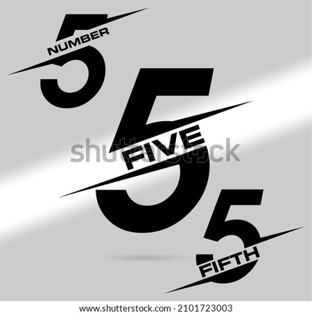 Five; numeral and word logo for number. Five letter with five figure logo design. Number and name typography.  Text logo studies for all numbers. Speed and flash themed vector logo.