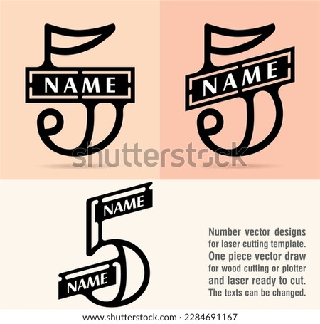 Five; numeral and word logo for number. Stencil one number and writing area. One piece vector draw ready for CNC or laser cutting. Open face serif font logo and numeral logo studies for all numbers.