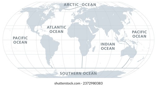 The five oceans of the world, gray map. Model of oceanic divisions with approximate boundaries. Pacific, Atlantic, Indian, Arctic, and Southern or Antarctic Ocean. World oceans, bodies of salt water.