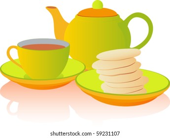 Five O'Clock Tea - English tea with biscuits. Isolated on white. Vector illustration. Suitable for internet, advertising, editorial graphics, publications. See others on "Objects" set.