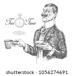 Five o'clock Tea Time. Elegant gentleman holding cup and saucer. Vintage engraving style. Victorian Era hand drawn vector illustration