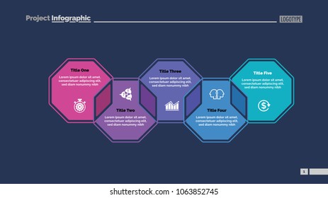 Five octagons process chart slide template. Business data. Strategy, point, design. Creative concept for infographic, presentation, report. For topics like marketing, communication, teamwork.