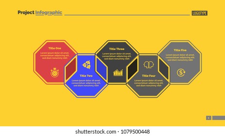 Five octagons process chart slide template. Business data. Strategy, point, design. Creative concept for infographic, presentation, report. For topics like marketing, communication, teamwork.