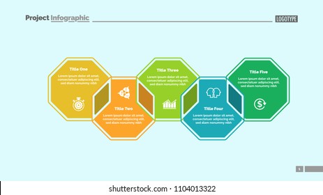 Five Octagons Process Chart Slide Template. Business Data. Strategy, Point, Design. Creative Concept For Infographic, Presentation, Report. For Topics Like Marketing, Communication, Teamwork.