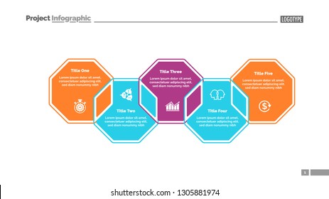 Five octagons process chart slide template. Business data. Strategy, point, design. Creative concept for infographic, presentation, report. For topics like marketing, communication, teamwork.