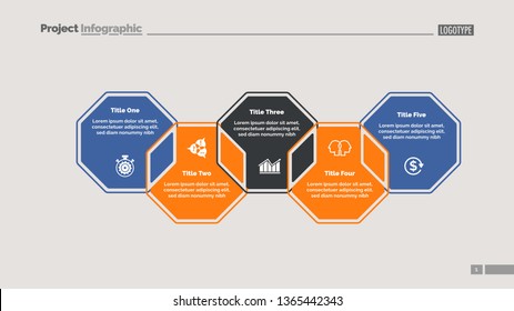 Five octagons process chart slide template. Business data. Strategy, point, design. Creative concept for infographic, presentation, report. For topics like marketing, communication, teamwork.