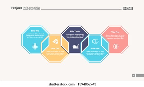 Five octagons process chart slide template. Business data. Strategy, point, design. Creative concept for infographic, presentation, report. For topics like marketing, communication, teamwork.