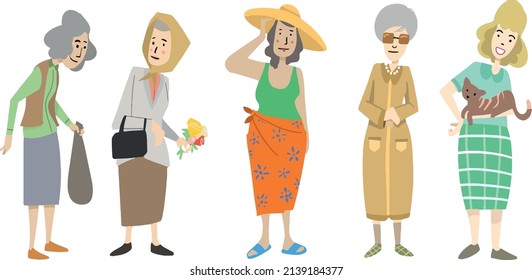 five old ladies in different poses