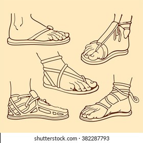 five old men's sandals on a beige background