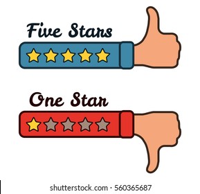 Five and one stars on the red blue hands with text. Thumb up and thumb down. Vector illustration isolated on white background.