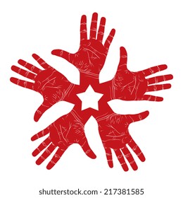 Five open hands abstract symbol with pentagonal star, detailed vector illustration, hand sign.