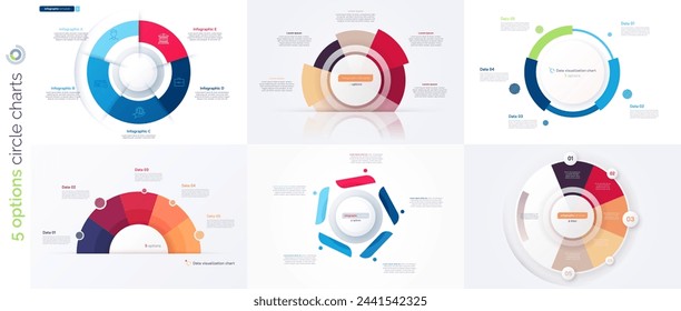 Cinco plantillas de diseño de infografía de círculo de opciones. Ilustración vectorial.