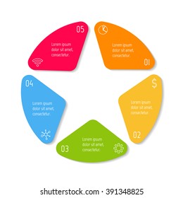 Five option infographic banner. Circular workflow layout with triangle parts. Number banner template for diagram, presentation or chart. Progress steps for tutorial. Business concept sequence banner.