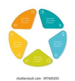 Five option infographic banner. Circular workflow layout with triangle parts. Number banner template for diagram, presentation or chart. Progress steps for tutorial. Business concept sequence banner.