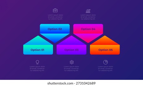 Fünf-Optionen-Infografik mit 5 bunten Blöcken auf dunklem Hintergrund, die Geschäftsentscheidungen, Strategieentwicklung und Entscheidungsprozess veranschaulichen