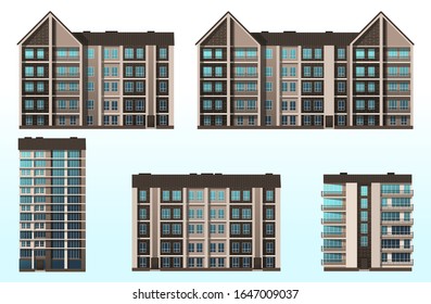 Five options for architecture buildings. Office, home, school, shopping center. Vector