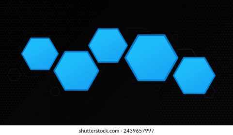 Five options dark background infographic template with blue color hexagonal shapes