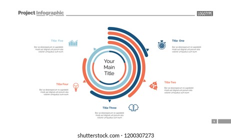 Five options doughnut chart slide template. Business data. Arc, performance, design. Creative concept for infographic, presentation. Can be used for topics like management, statistics, analytics.