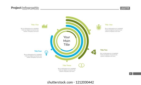 Five options doughnut chart slide template. Business data. Arc, performance, design. Creative concept for infographic, presentation. Can be used for topics like management, statistics, analytics.