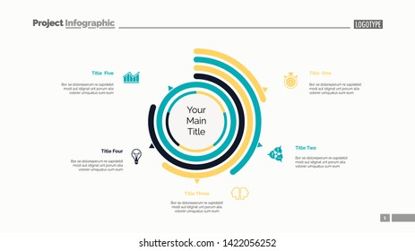 Five options doughnut chart slide template. Business data. Arc, performance, design. Creative concept for infographic, presentation. Can be used for topics like management, statistics, analytics.