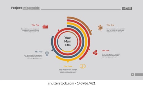 Five options doughnut chart slide template. Business data. Arc, performance, design. Creative concept for infographic, presentation. Can be used for topics like management, statistics, analytics.