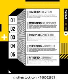 Five options in fancy geometric style on bright yellow background
