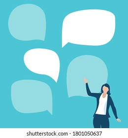 Five options. Female manager shows five empty speech bubbles. Place for your options. Business vector illustration