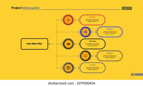 Five options flowchart slide template. Business data. Structure, hierarchy, design. Creative concept for infographic, presentation, report. Can be used for topics like consulting, teamwork, planning.