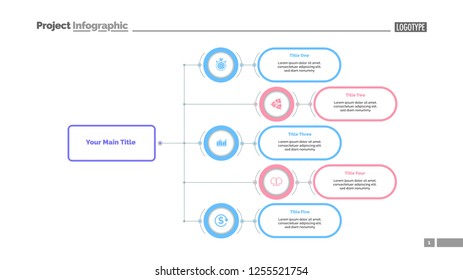 Five options flowchart slide template. Business data. Structure, hierarchy, design. Creative concept for infographic, presentation, report. Can be used for topics like consulting, teamwork, planning.